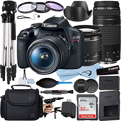 Canon EOS Rebel T7 DSLR Camera 24.1MP with EF-S 18-55mm + EF 75-300mm Lens A-Cell Accessory Bundle Includes: SanDisk 32GB Memory Card, Tripod, Case + Much More