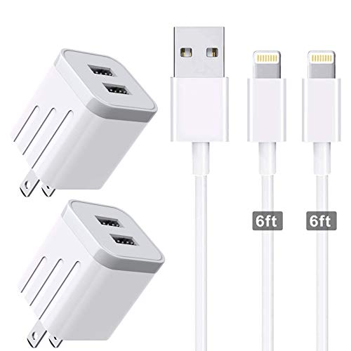 CNANKCU iPhone Charger Double USB MFi Certified Cable (6/6FT) with 2 Port Wall Charger Adapters (4-Pack) Fast Charging Block Power Plug Compatible with iPhone 11/Pro/Xs Max/X/8 and More-White