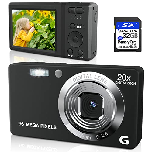 Digital Camera 4K 56MP Kids Digital Camera for Photography, Autofocus Small Digital Camera 20X Digital Zoom Portable Digital Camera for Boys and Girls with 32GB SD Card - Black&White