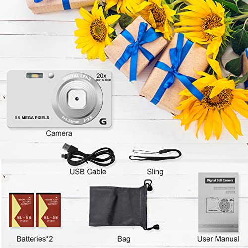 Digital Camera 4K 56MP Kids Digital Camera for Photography, Autofocus Small Digital Camera 20X Digital Zoom Portable Digital Camera for Boys and Girls with 32GB SD Card - Black&White