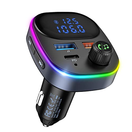 Ankilo Bluetooth FM Transmitter for Car, Bluetooth Car Adapter Car, Type-C PD 20W+QC3.0 18W Car Fast Charger, 7-Color Backlight, One-Touch Hands-Free, Voice Assistant, 3 USB Ports, Support U-Disk