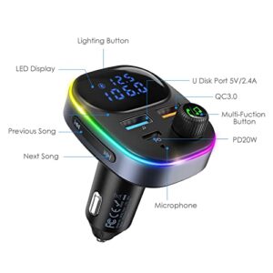 Ankilo Bluetooth FM Transmitter for Car, Bluetooth Car Adapter Car, Type-C PD 20W+QC3.0 18W Car Fast Charger, 7-Color Backlight, One-Touch Hands-Free, Voice Assistant, 3 USB Ports, Support U-Disk