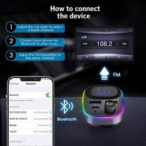 Ankilo Bluetooth FM Transmitter for Car, Bluetooth Car Adapter Car, Type-C PD 20W+QC3.0 18W Car Fast Charger, 7-Color Backlight, One-Touch Hands-Free, Voice Assistant, 3 USB Ports, Support U-Disk