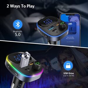 Ankilo Bluetooth FM Transmitter for Car, Bluetooth Car Adapter Car, Type-C PD 20W+QC3.0 18W Car Fast Charger, 7-Color Backlight, One-Touch Hands-Free, Voice Assistant, 3 USB Ports, Support U-Disk