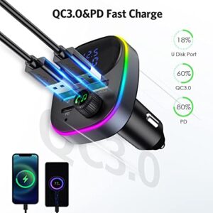 Ankilo Bluetooth FM Transmitter for Car, Bluetooth Car Adapter Car, Type-C PD 20W+QC3.0 18W Car Fast Charger, 7-Color Backlight, One-Touch Hands-Free, Voice Assistant, 3 USB Ports, Support U-Disk
