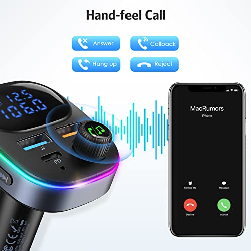 Ankilo Bluetooth FM Transmitter for Car, Bluetooth Car Adapter Car, Type-C PD 20W+QC3.0 18W Car Fast Charger, 7-Color Backlight, One-Touch Hands-Free, Voice Assistant, 3 USB Ports, Support U-Disk