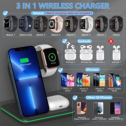 Wireless Charger 3 in 1, 15W Fast Charging Station Compatible with iPhone 14/13/12/11/Pro/Max/XS/Max/XR/XS/Samsung Galaxy Series, for Watch 8/7/6/5/4/3/2/1, AirPods 2/3/Pro (No Watch Charging Cable)