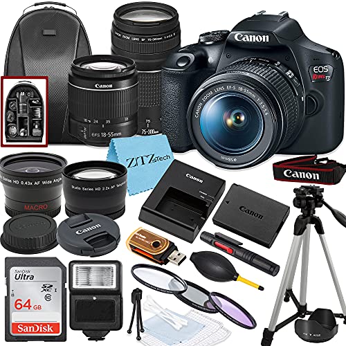 Canon EOS Rebel T7 Digital SLR Camera with EF-S 18-55mm + EF 75-300mm Daul Lens + SanDisk 64GB Memory Card + Tripod + Case + Wideangle Lenses + ZeeTech Accessory Bundle (21pc Bundle) (Renewed)