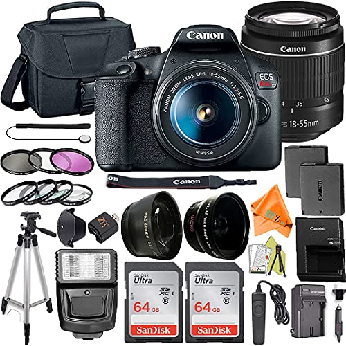 Canon EOS Rebel T7 DSLR Camera Bundle with EF-S 18-55mm f3.5-5.6 Zoom Lens + ZeeTech Accessory Bundle + 2 Pack SanDisk 64GB Memory Card + Filter Kit + Flash + Tripod, 18-55mm Lens (Canon T7) (Renewed)