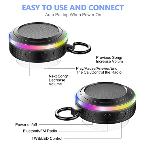 Portable Bluetooth Speaker with Light Show, IPX7 Waterproof Shower Speaker with FM Radio and Built-in Microphone,Bluetooth Speakers for Shower,Travel,Running,Mountaineering,Camping and More Outdoor
