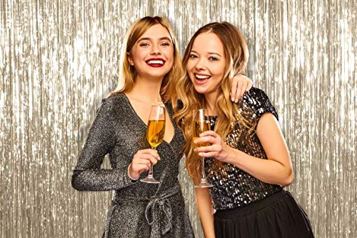 Metallic Champagne Tinsel Foil Fringe Curtain 3 x 8 Ft Pack of 2 Photo Booth Backdrop Bridal and Baby Shower Bachelorette Graduation Birthday Unicorn Christmas Wedding Halloween Party Decorations