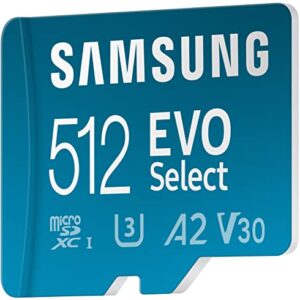 SAMSUNG EVO Select Micro SD-Memory-Card + Adapter, 512GB microSDXC 130MB/s Full HD & 4K UHD, UHS-I, U3, A2, V30, Expanded Storage for Android Smartphones, Tablets, Nintendo-Switch (MB-ME512KA/AM)