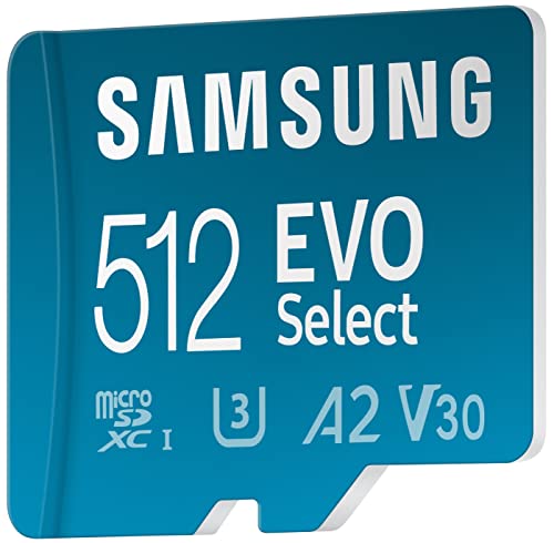 SAMSUNG EVO Select Micro SD-Memory-Card + Adapter, 512GB microSDXC 130MB/s Full HD & 4K UHD, UHS-I, U3, A2, V30, Expanded Storage for Android Smartphones, Tablets, Nintendo-Switch (MB-ME512KA/AM)