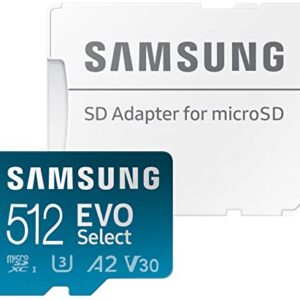 SAMSUNG EVO Select Micro SD-Memory-Card + Adapter, 512GB microSDXC 130MB/s Full HD & 4K UHD, UHS-I, U3, A2, V30, Expanded Storage for Android Smartphones, Tablets, Nintendo-Switch (MB-ME512KA/AM)