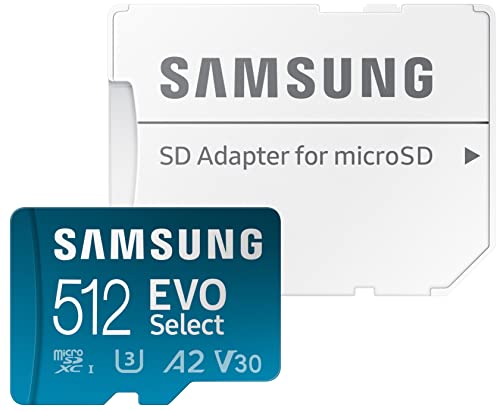 SAMSUNG EVO Select Micro SD-Memory-Card + Adapter, 512GB microSDXC 130MB/s Full HD & 4K UHD, UHS-I, U3, A2, V30, Expanded Storage for Android Smartphones, Tablets, Nintendo-Switch (MB-ME512KA/AM)