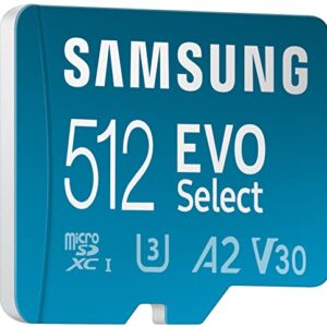 SAMSUNG EVO Select Micro SD-Memory-Card + Adapter, 512GB microSDXC 130MB/s Full HD & 4K UHD, UHS-I, U3, A2, V30, Expanded Storage for Android Smartphones, Tablets, Nintendo-Switch (MB-ME512KA/AM)