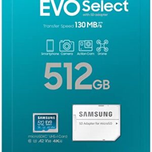 SAMSUNG EVO Select Micro SD-Memory-Card + Adapter, 512GB microSDXC 130MB/s Full HD & 4K UHD, UHS-I, U3, A2, V30, Expanded Storage for Android Smartphones, Tablets, Nintendo-Switch (MB-ME512KA/AM)