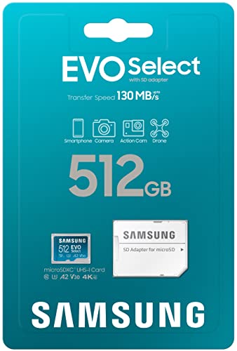 SAMSUNG EVO Select Micro SD-Memory-Card + Adapter, 512GB microSDXC 130MB/s Full HD & 4K UHD, UHS-I, U3, A2, V30, Expanded Storage for Android Smartphones, Tablets, Nintendo-Switch (MB-ME512KA/AM)