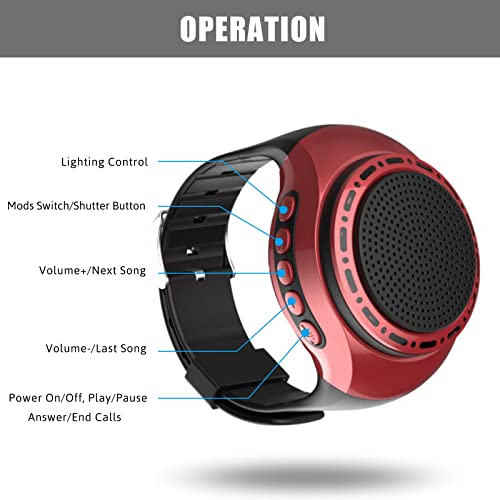 OriDecor Wireless Wearable Waterproof Wrist Portable Bluetooth Speaker Watch with Multi Function FM Radio & MP3 Player & TWS & Selfie & Ultra Long Standby Time for Running, Hiking, Riding（Red）