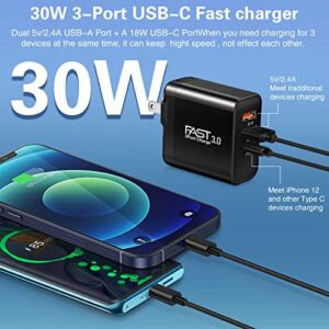 3Pack USB C Charger,30W Boxeroo 3-Ports with PD Power Adapter+2.4A Quick Charging 3.0 Wall Charger Foldable Block Plug for iPhone 12/11 /Pro Max, XS/XR/X, Pad Pro, Samsung Galaxy, More (Black)