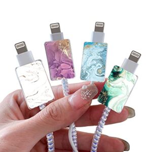 marble cable protector for iphone type-c charger,sparkle bling marble liquid pattern 4 pcs set cable protector for women girls kids,cable chomper,phone charger saver-blue / white / green / purple