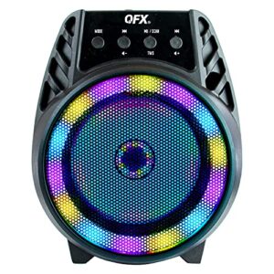 qfx bt-64 tws bluetooth rechargeable portable speaker with 4” woofer led party lights, microphone input, aux input, usb port, tf card slot, black