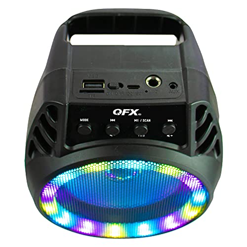 QFX BT-64 TWS Bluetooth Rechargeable Portable Speaker with 4” Woofer LED Party Lights, Microphone Input, AUX Input, USB Port, TF Card Slot, Black