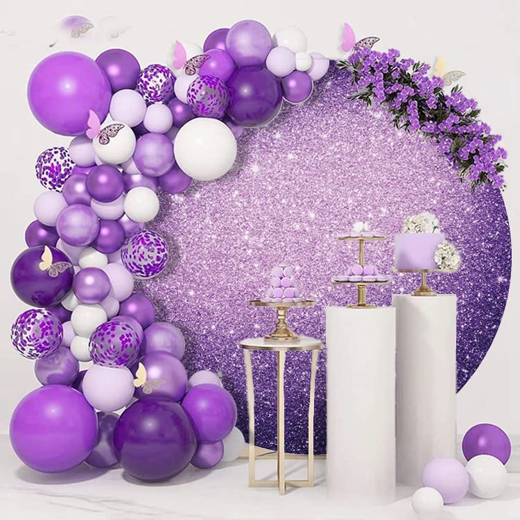 Canessioa 7.2x7.2ft Purple Round Backdrop Glittering Violet Purple Shiny Glitters Round Backdrop Cover for Photo Shoot Baby Shower Bridal Shower Birthday Party Purple Circle Backdrop Polyester