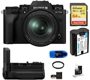 fujifilm x-t4 mirrorless digital camera with xf 16-80mm f/4 r ois wr lens (black) bundle, includes: sandisk 64gb extreme sdxc memory card, fujifilm vg-xt4 battery grip and more (8 items)