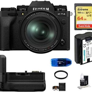 Fujifilm X-T4 Mirrorless Digital Camera with XF 16-80mm f/4 R OIS WR Lens (Black) Bundle, Includes: SanDisk 64GB Extreme SDXC Memory Card, Fujifilm VG-XT4 Battery Grip and More (8 Items)