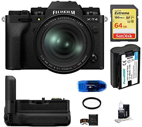 Fujifilm X-T4 Mirrorless Digital Camera with XF 16-80mm f/4 R OIS WR Lens (Black) Bundle, Includes: SanDisk 64GB Extreme SDXC Memory Card, Fujifilm VG-XT4 Battery Grip and More (8 Items)