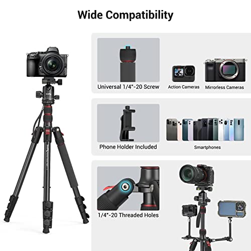 SmallRig 71" Camera Tripod, Foldable Aluminum Tripod & Monopod, 360°Ball Head Detachable, Payload 33lb, Adjustable Height from 16" to 71" for Camera, Phone-3935