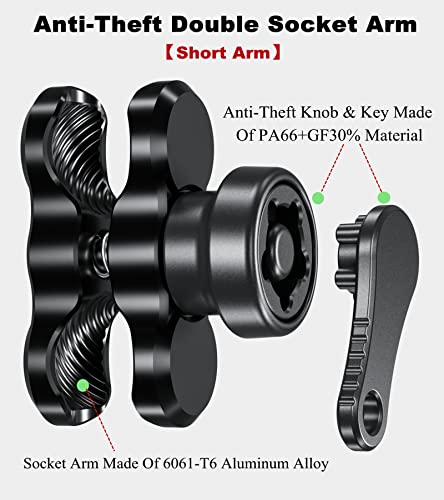 BRCOVAN Anti-Theft Aluminum Alloy Double Socket Arm Compatible with RAM Mounts B Size 1'' Ball Mounting Base & Bike Motorcycle Phone Holder (Short Arm)