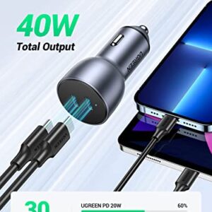 UGREEN USB C Car Charger, 40W Type C Car Charger Dual PD 20W Fast Car Charger Adapter Compatible with iPhone 14/13/12/11, iPad Pro/Mini/Air, Galaxy S23/S22/S21/S20/S10/Note 20, Pixel 5/4/3