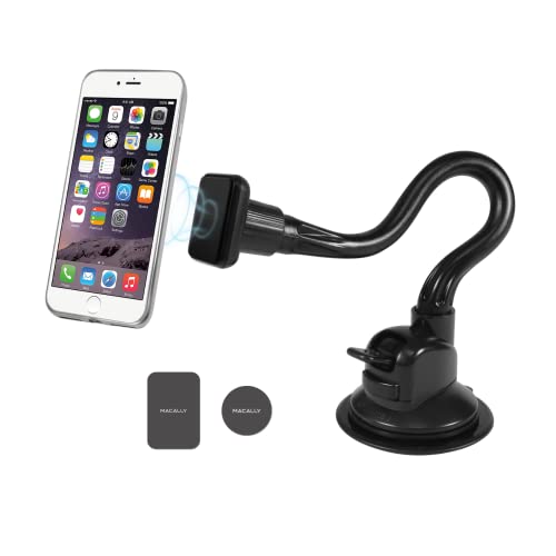 Macally Windshield Phone Mount for Car Magnetic - Suction Cup Window Mount Phone Holder with 12" Long Gooseneck Arm & Super Strong Magnet Mount for Cell Phone, iPhone, Smartphone