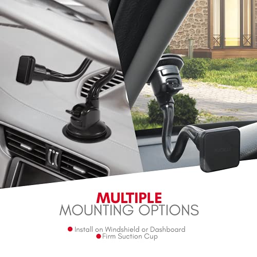 Macally Windshield Phone Mount for Car Magnetic - Suction Cup Window Mount Phone Holder with 12" Long Gooseneck Arm & Super Strong Magnet Mount for Cell Phone, iPhone, Smartphone