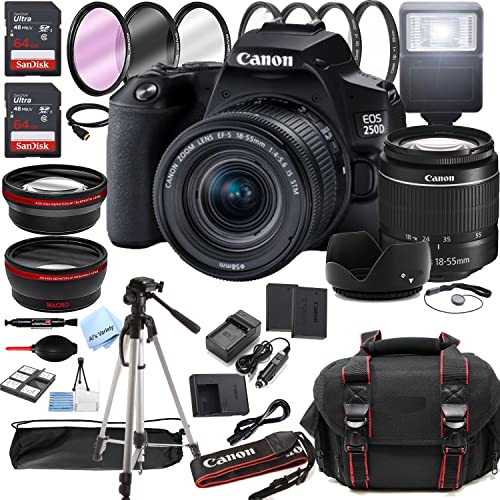 Canon EOS 250D (Rebel SL3) DSLR Camera w/EF-S 18-55mm F/4-5.6 is STM Zoom Lens + 128GB Memory + Case + Tripod + Filters (36pc Bundle) (Renewed)