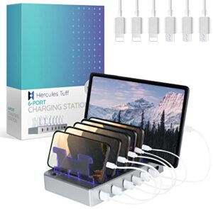 hercules tuff charging station for multiple devices – 6 ports, ios & micro usb compatible w/cell phones, smart phones, tablets, & other electronics – white elephant gifts, stocking stuffers – silver