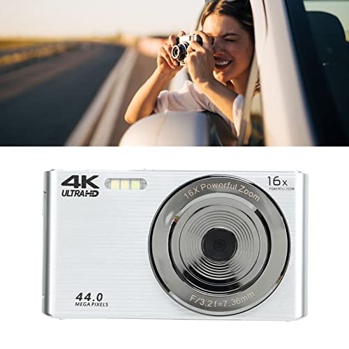 4K Digital Camera, 44MP HD Video Camera with 2.8in LCD Screen, 16X Digital Zoom Camera, Built in Fill Light, Compact Point and Shoot Camera for Teens, Beginners (Silver)