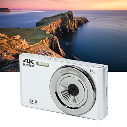 4K Digital Camera, 44MP HD Video Camera with 2.8in LCD Screen, 16X Digital Zoom Camera, Built in Fill Light, Compact Point and Shoot Camera for Teens, Beginners (Silver)