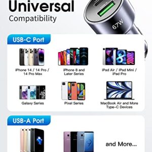 BYEASY USB Car Charger, 67W Dual Port Fast Type C Charging Adapter, PD3.0 QC4.0 Power Output Charger, Car Cigarette Lighter Plug for MacBook, Laptop, iPhone 14/13, Samsung S22/S21, iPad Pro More