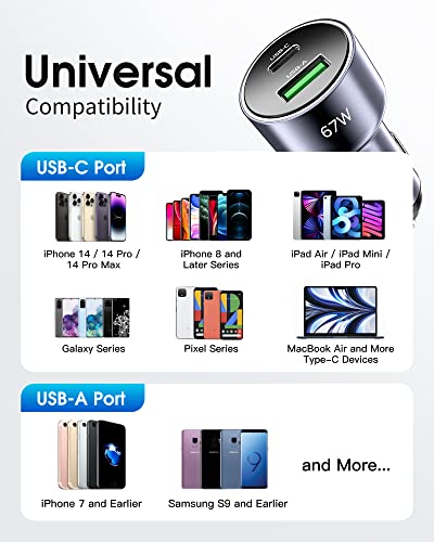 BYEASY USB Car Charger, 67W Dual Port Fast Type C Charging Adapter, PD3.0 QC4.0 Power Output Charger, Car Cigarette Lighter Plug for MacBook, Laptop, iPhone 14/13, Samsung S22/S21, iPad Pro More