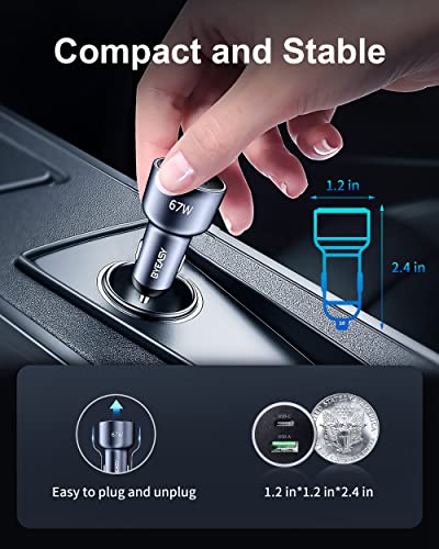 BYEASY USB Car Charger, 67W Dual Port Fast Type C Charging Adapter, PD3.0 QC4.0 Power Output Charger, Car Cigarette Lighter Plug for MacBook, Laptop, iPhone 14/13, Samsung S22/S21, iPad Pro More