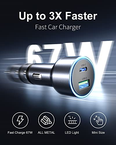 BYEASY USB Car Charger, 67W Dual Port Fast Type C Charging Adapter, PD3.0 QC4.0 Power Output Charger, Car Cigarette Lighter Plug for MacBook, Laptop, iPhone 14/13, Samsung S22/S21, iPad Pro More