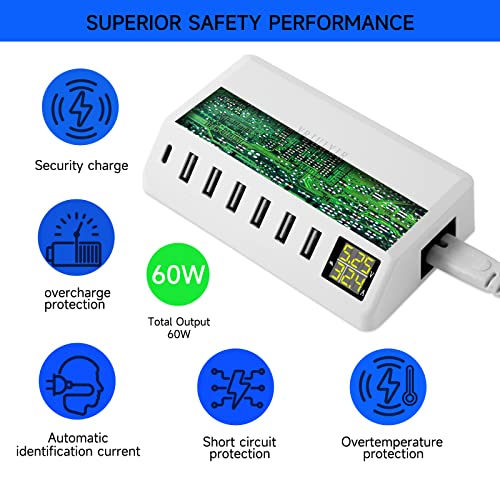 USB Charging Station, 60W/12A 7-Port USB Charger Station with LED Display for Multiple Devices PD20W USB C Charger for All iPad iPhone14/13/12 Pixel Galaxy Tablet Headphones and More (White)