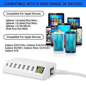 USB Charging Station, 60W/12A 7-Port USB Charger Station with LED Display for Multiple Devices PD20W USB C Charger for All iPad iPhone14/13/12 Pixel Galaxy Tablet Headphones and More (White)