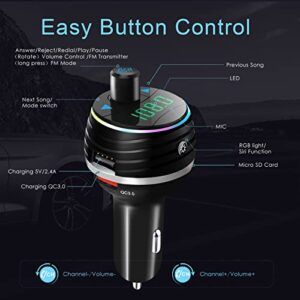 Car Bluetooth FM Transmitter , 2022 Upgraded Bluetooth Car Adapter, Wireless Radio Adapter Car Kit with QC3.0 & 5V/2.4A USB Fast Charger, Colorful Backlit, Car Music Player Support TF Card/USB Disk