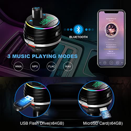 Car Bluetooth FM Transmitter , 2022 Upgraded Bluetooth Car Adapter, Wireless Radio Adapter Car Kit with QC3.0 & 5V/2.4A USB Fast Charger, Colorful Backlit, Car Music Player Support TF Card/USB Disk