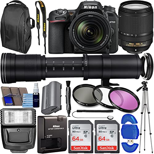 D7500 DSLR Camera with 18-140mm Lens (1582) + 420-800mm Super Zoom Lens, 128GB Memory + 3 Piece Filter Kit, Photo Backpack + More