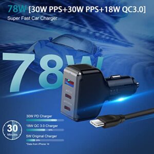 Super Fast Car Charger for iPhone 14 Pro Max 13 12 11 SE iPad Pro, 78W Cigarette Lighter USB Charger Adapter, PD 30W & QC 18W Android Phone Auto Cargador for Samsung Galaxy S23 S22 Ultra S21,Pixel 7